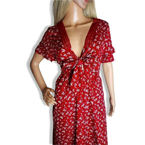 Red Floral Front-Tie Bow Ruffle Sleeved Dress - Picture 9 of 12